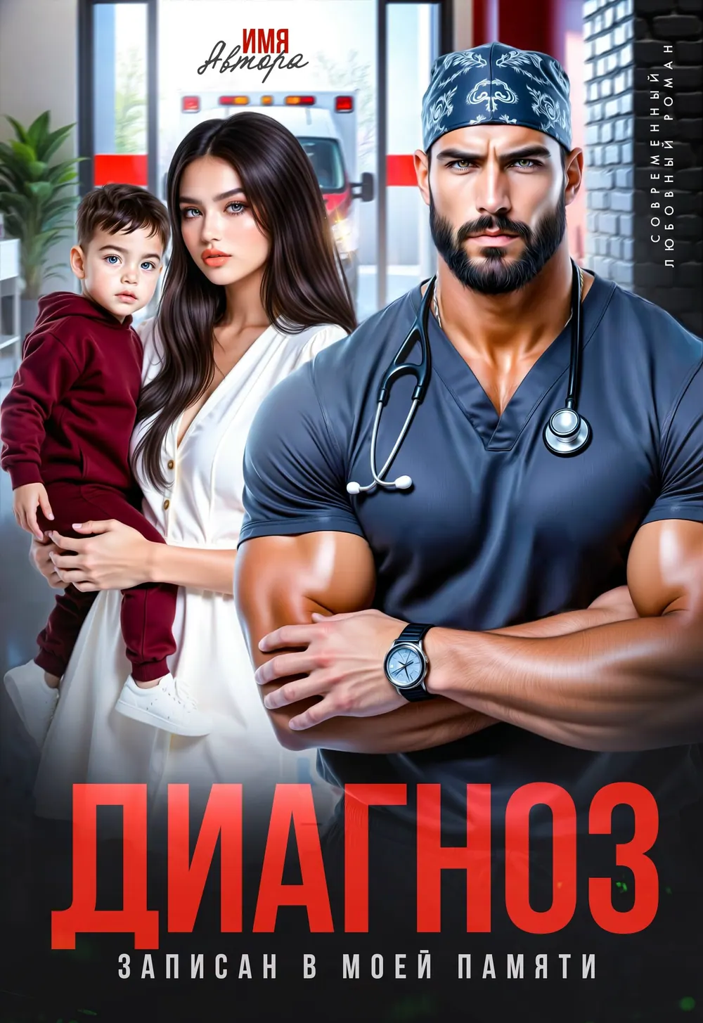 Обложка «Диагноз»: мужчина в медицинской форме показан рядом с женщиной и маленьким ребёнком.
