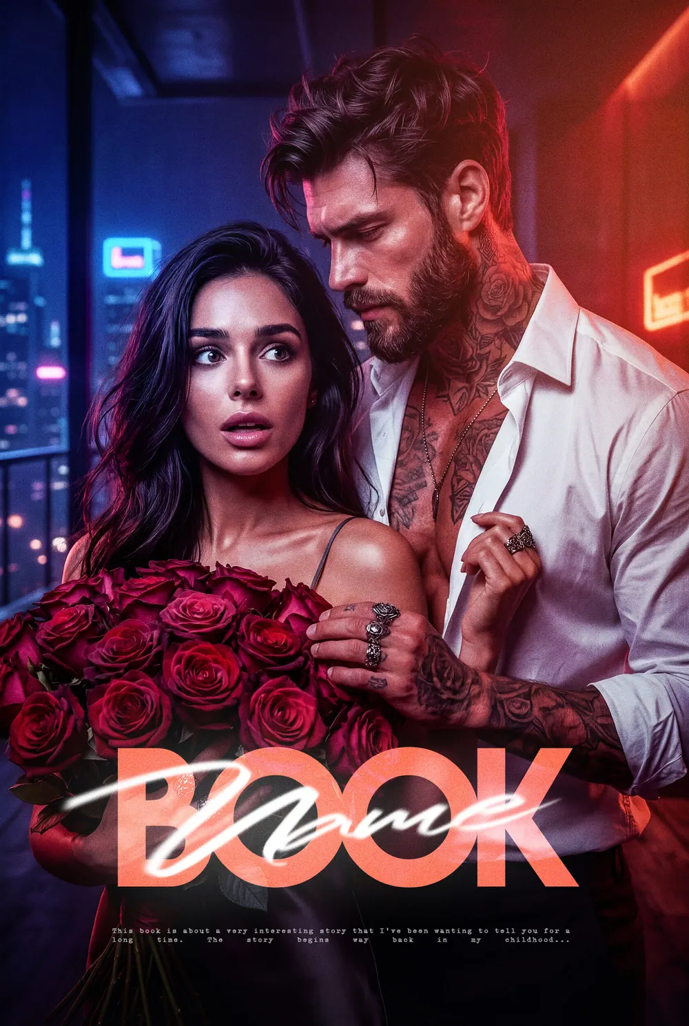 Обложка «Inked Thorns»: мужчина и девушка с букетом красных роз стоят в контрастном городском свете.