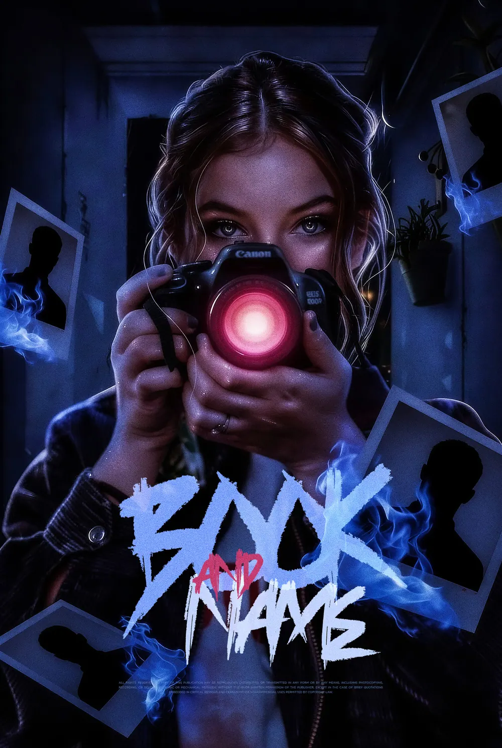 Обложка «Burning Lens»: девушка направляет камеру со светящимся розовым объективом прямо на зрителя.