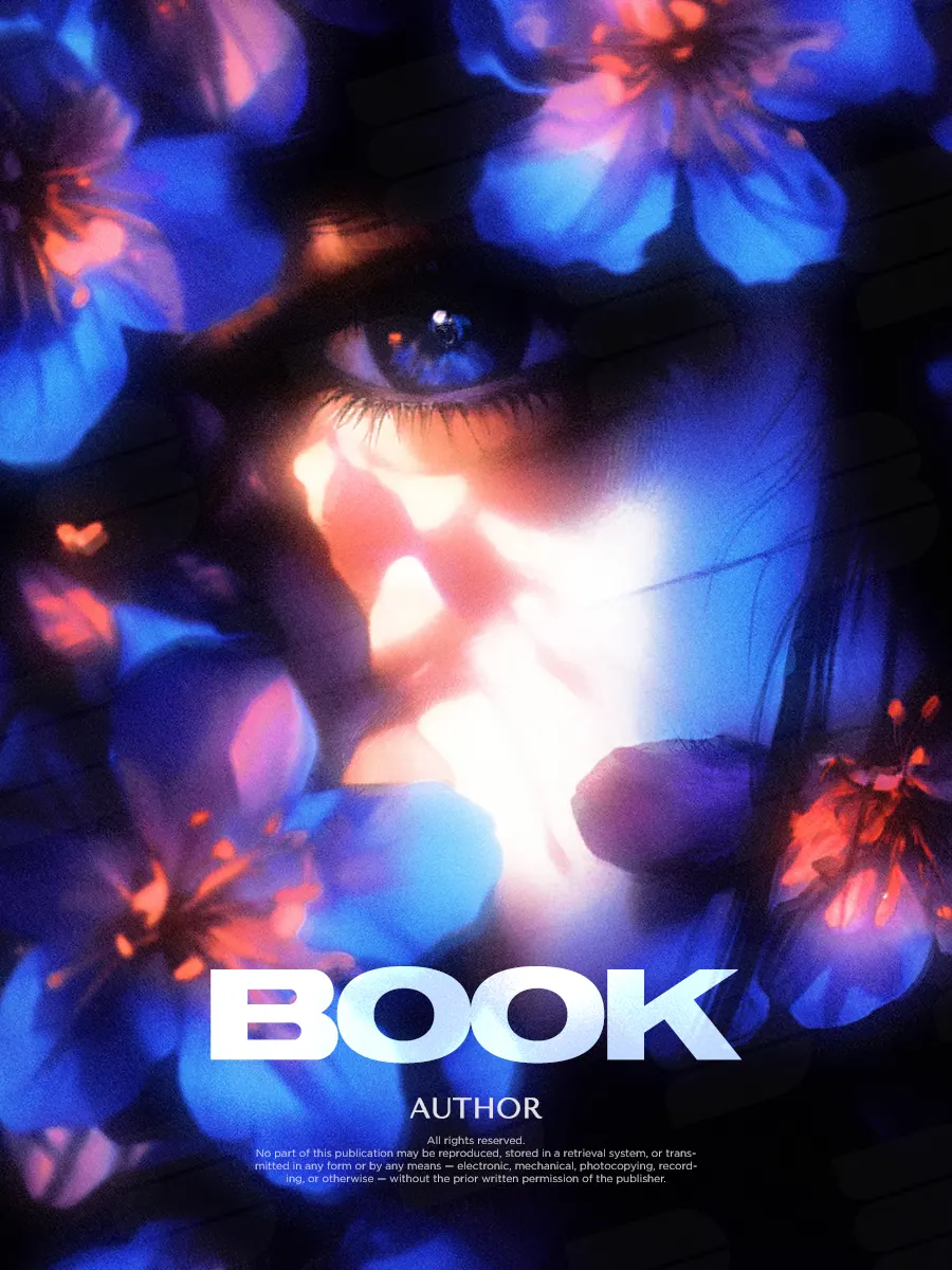 Обложка «Sapphire Bloom»: женский глаз виден среди синих и фиолетовых цветов.