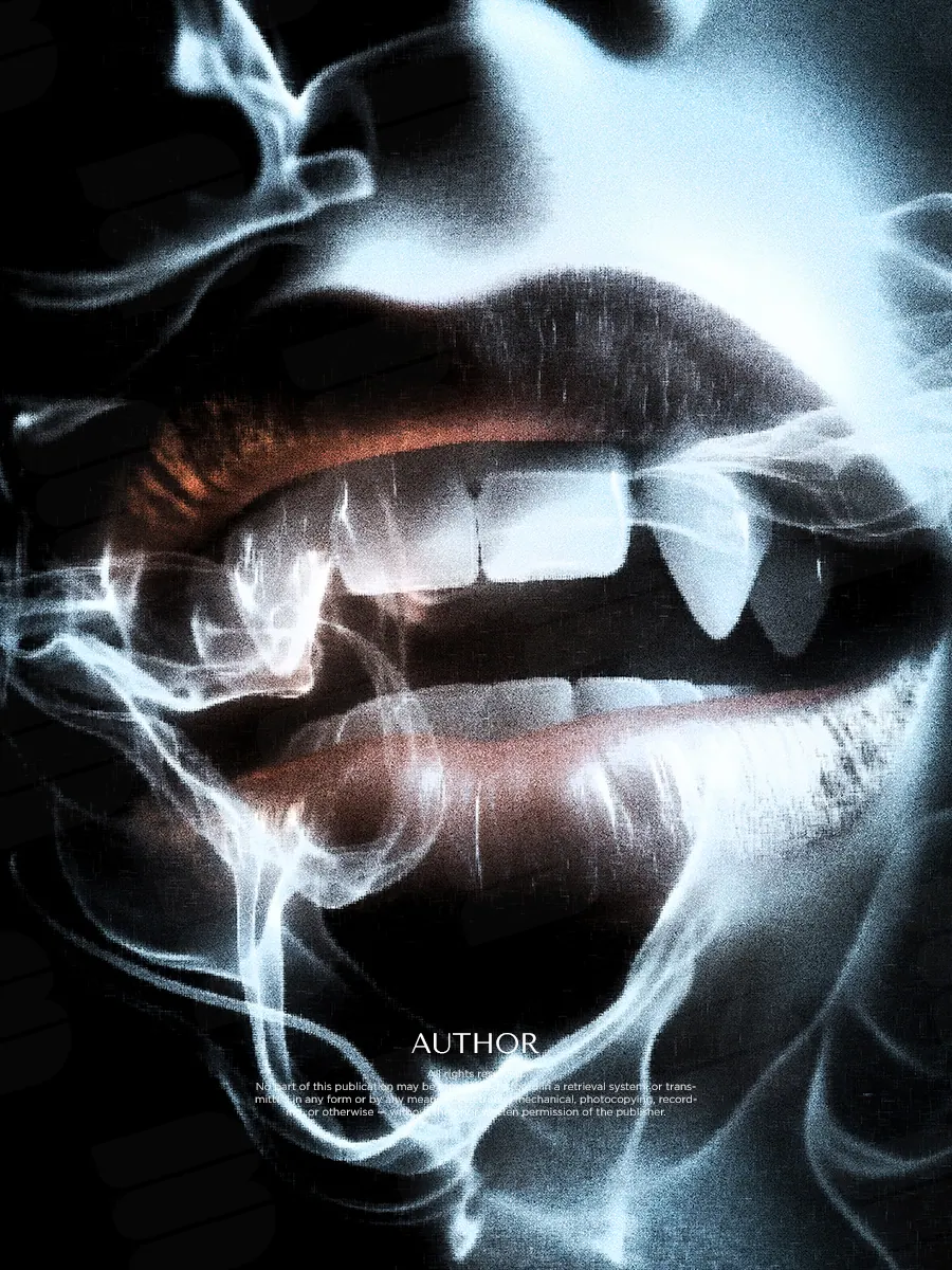 Обложка «The Vampire's Kiss»: губы с острыми клыками окружены холодными белыми клубами дыма.