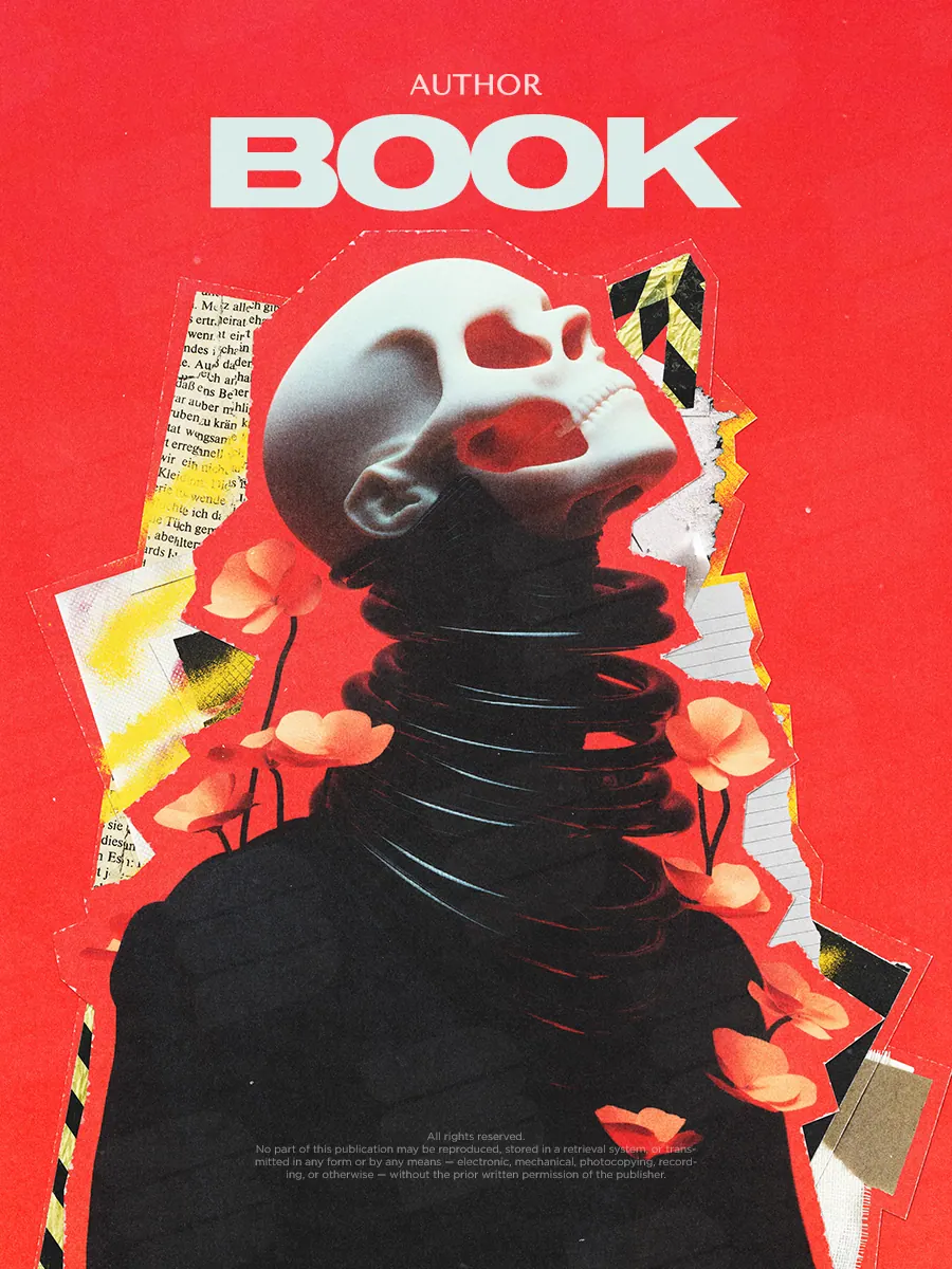 Обложка «Collage of Decay»: фигура в чёрном окружена обрывками яркого коллажа на красном фоне.