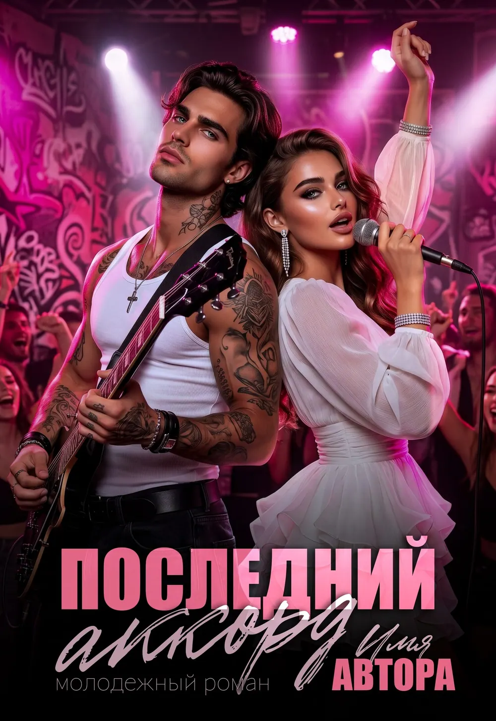 Обложка «Последний Аккорд»: молодой музыкант с гитарой и девушка стоят на фоне ярких розовых огней.