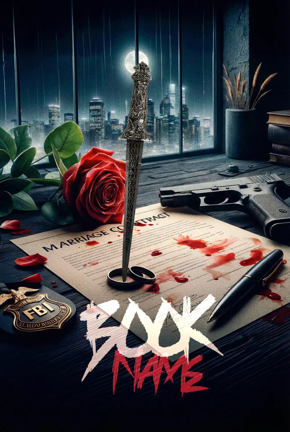Обложка «Deadly Vows»: красная роза, нож и мелкие предметы лежат на столе у окна.