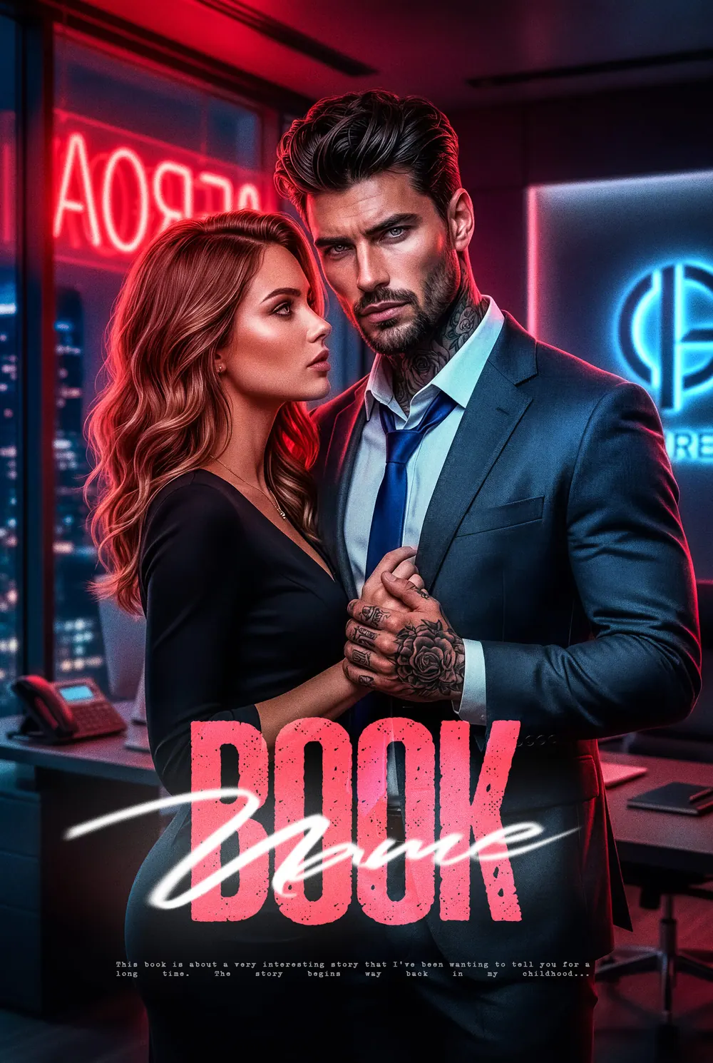 Обложка «Neon Ambition»: мужчина в костюме обнимает рыжеволосую девушку среди неоновых огней.