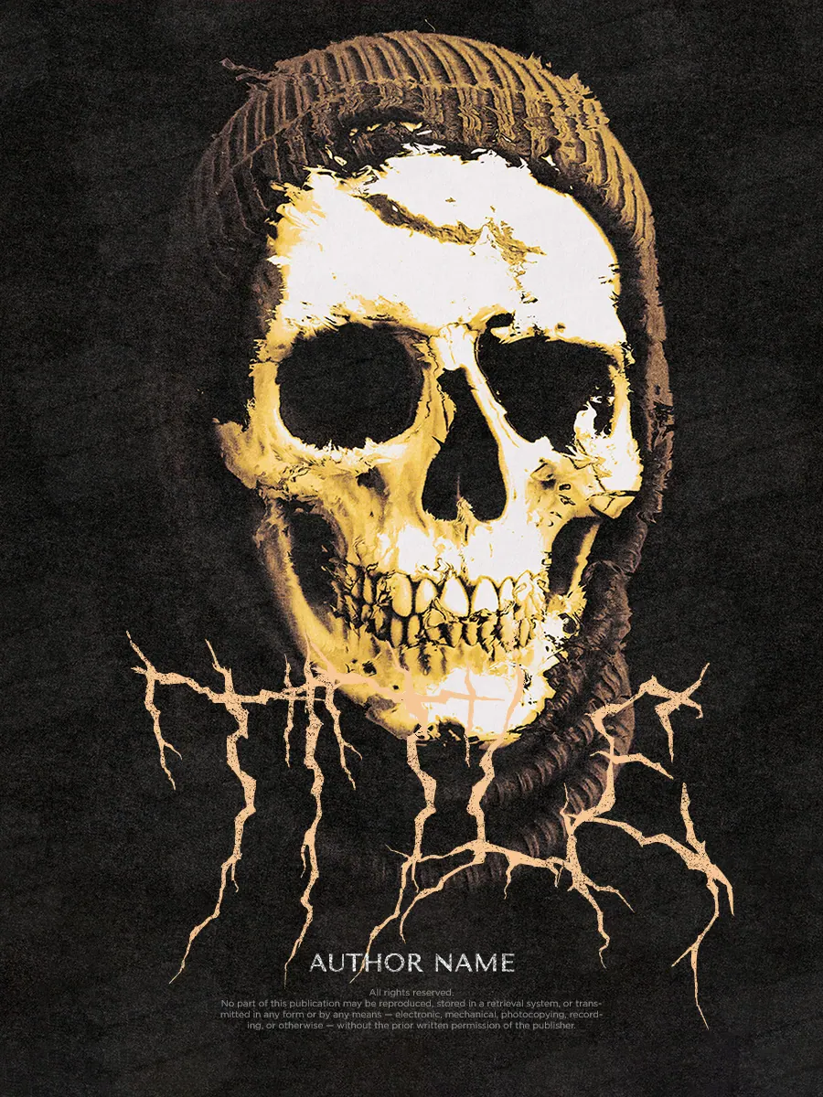 Обложка «Skull in the Shadows»: золотистый череп проступает из чёрного фона среди тонких извилистых линий.