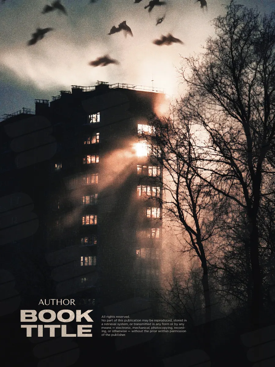 Обложка «Bare Branches»: птицы кружат над городским домом и голыми ветвями деревьев.