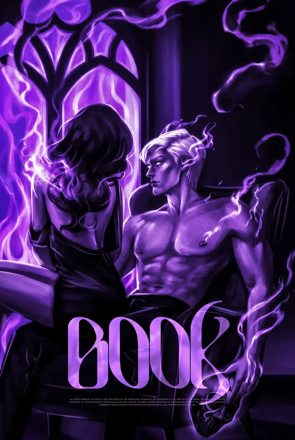 Обложка «Violet Sorcery»: фиолетовые скульптурные фигуры и череп создают образ тёмного магического мира.