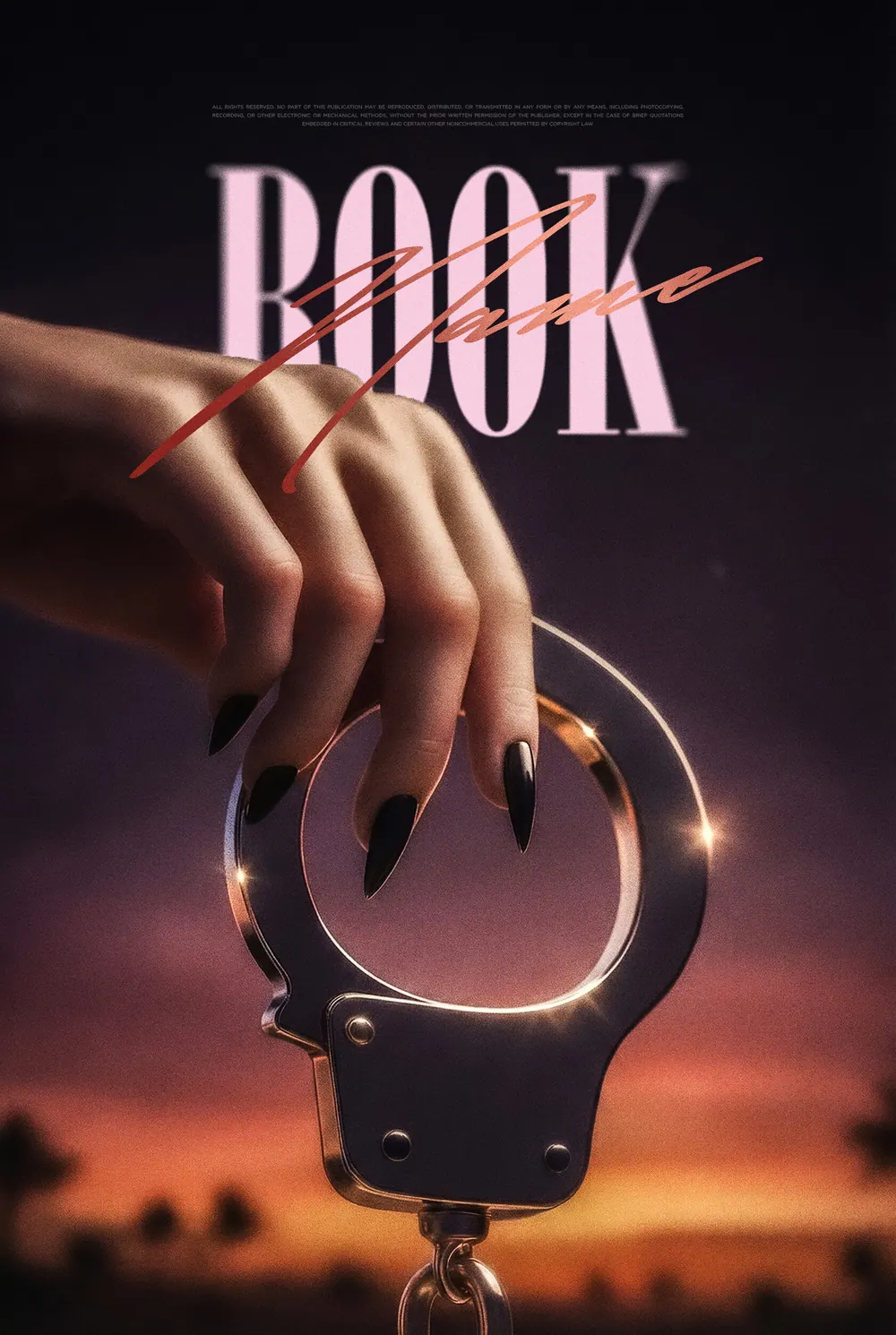 Обложка «Gilded Grip»: женская рука держит наручники на фоне тёплого вечернего неба.