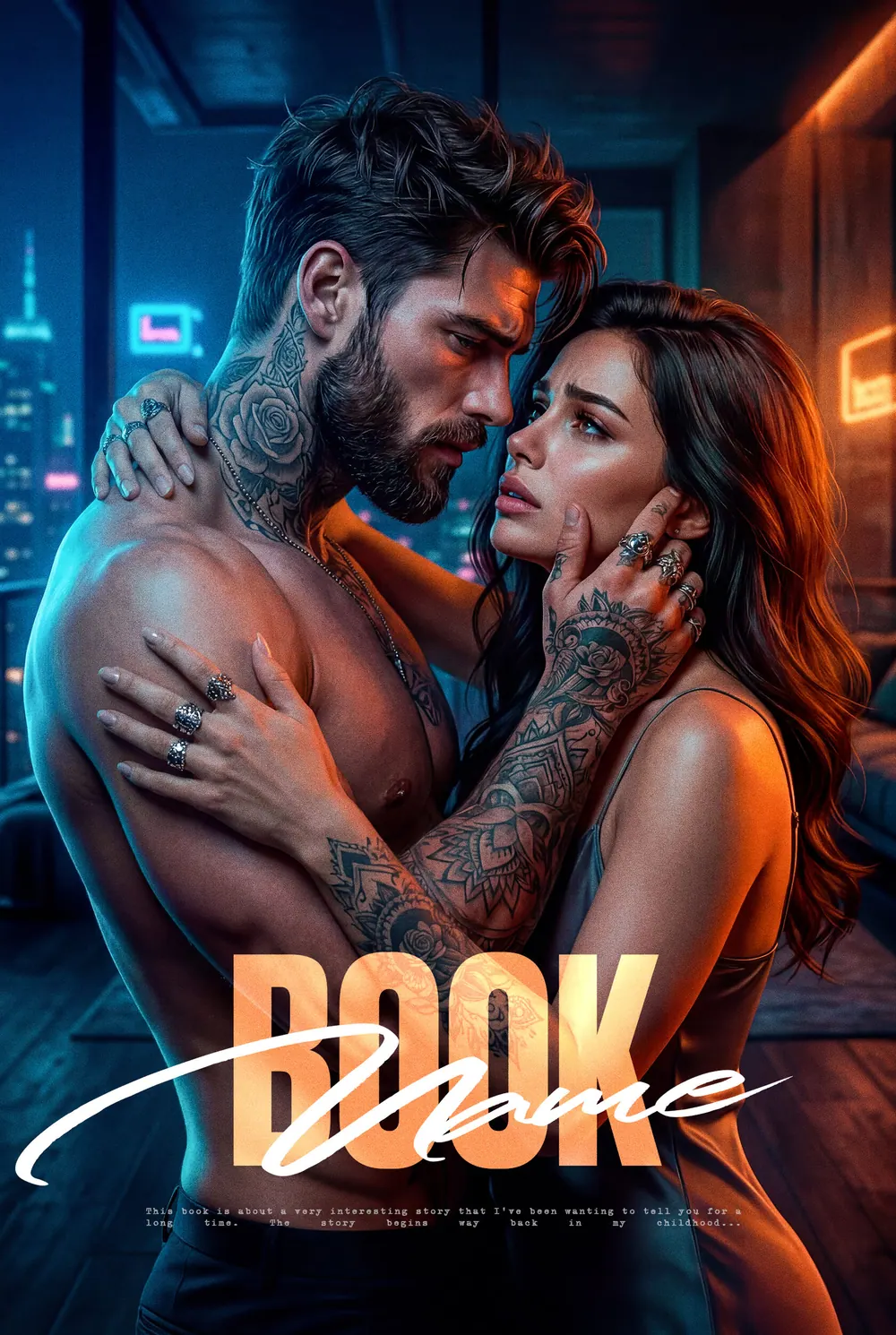 Обложка «Neon Embrace»: влюблённые обнимаются под синим и оранжевым светом ночного города.